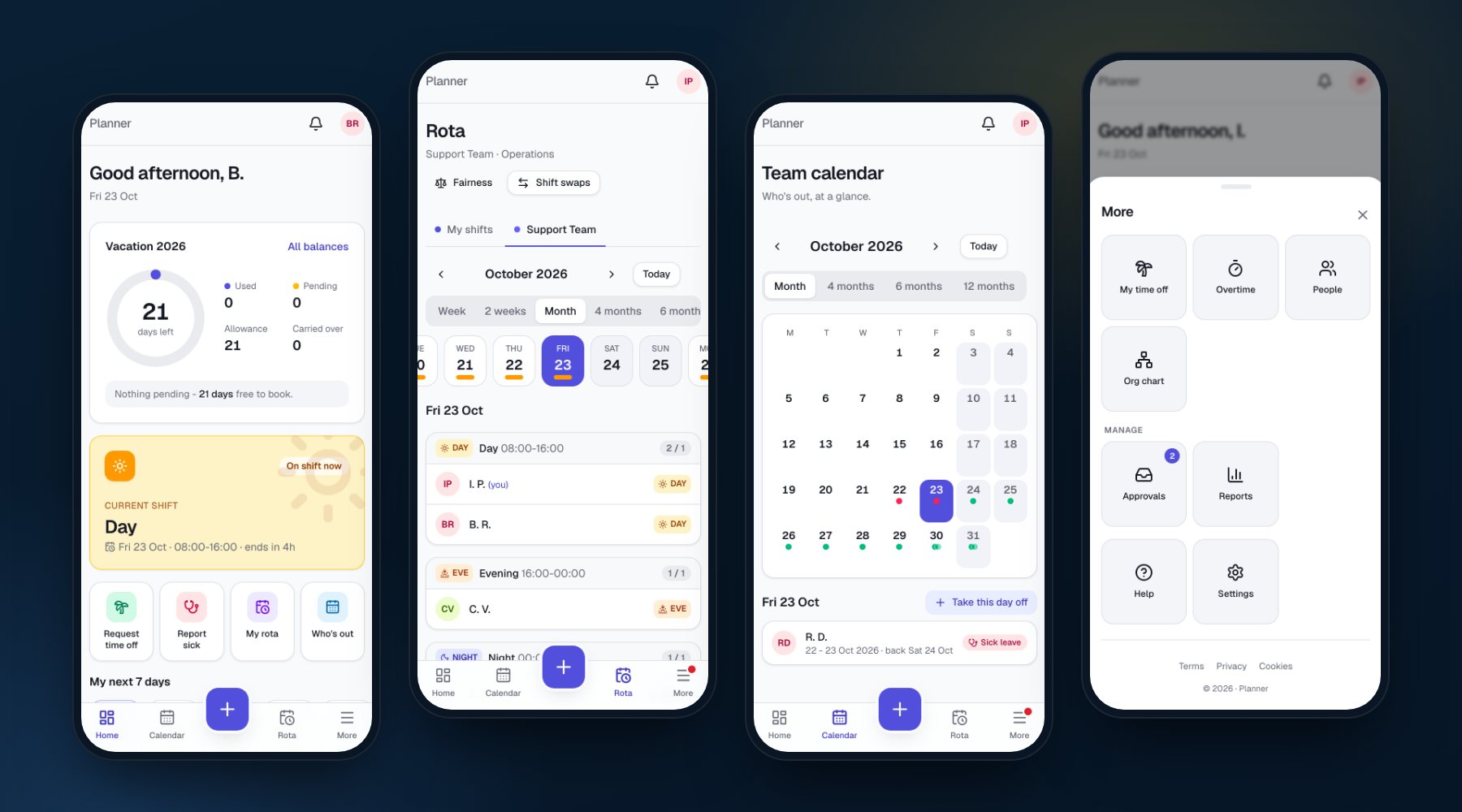 Planner pe telefon: pagina de start, ture, calendar și meniul Mai mult